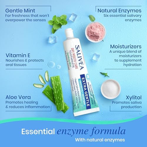 SALIVEA Gentle Toothpaste for Dry Mouth Care, 4.3 oz Tube, 2 Pack, Anticavity with Fluoride, Natural Salivary Enzymes, Vitamin E & Aloe Vera, Cleans, Moisturizes & Refreshes Breath, Soothing Mint