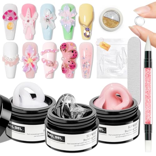Solid Builder Gel for Nails Clear Nude White 3D Sculpture Nail Art Hard Gel with Chrome Powder for Carving Patterns Decoration Home Manicure DIY for Women