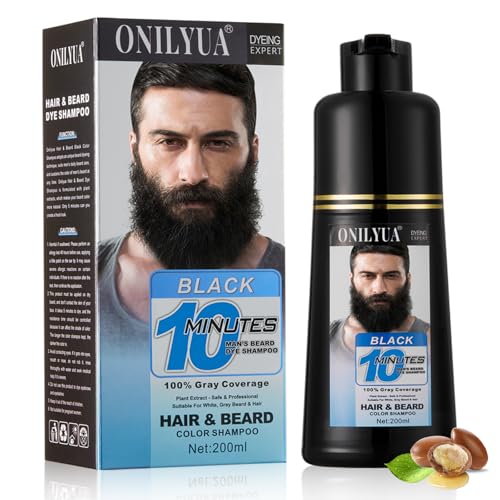 Mens Beard & Mustache Dye Shampoo, Instant 100% Grey Hair Coverage, 3 in 1 Black Beard Color Shampoo for Men Facial Hair, Easy to Use & Dermatologist Tested, 200ML