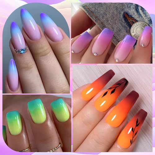 MEET ACROSS Color Changing Gel Nail Polish, 12 Colors Pink Blue Purple Orange Neon Mood Temperature Change Gel Polish Set Soak Off DIY Home Nail Art Gift For Girsl