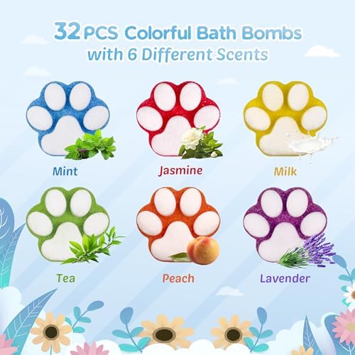Bath Bombs for Kids with Surprise Inside, 32 Pack Paw Bath Bombs with Toy, Ocean Animals and Space Planet Toys SPA Fizzy Handmade Natural Bath Bomb Gift Set at Christmas, Birthday