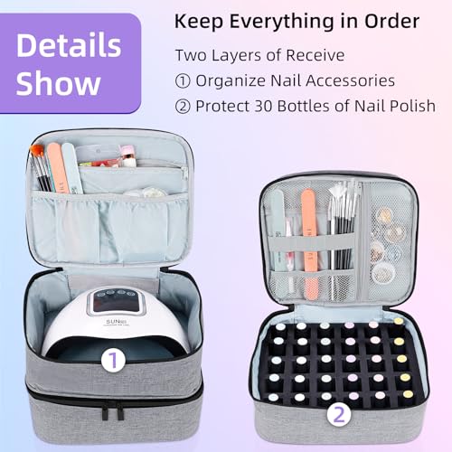 Nail Polish Organizer Holds 30 Bottles (15ml - 0.5 fl.oz) Double-layer Gel Nail Polish Kit Carrying Case, Nail Holder for Nail Lamp, Portable Nail Organizer and Storage for Nail Supplies (Gray)