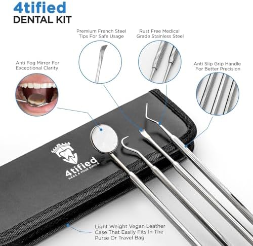 4tified Dental Tools Hygiene Kit 4 PCS French Stainless Steel Professional Teeth Cleaning Home Use Plaque Calculus Removal Tartar Scraper Scaler Fogless Mirror Dental Pick Vegan Leather case