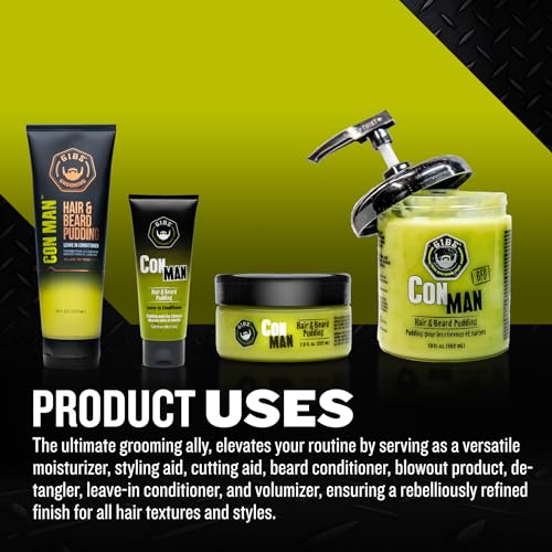 GIBS Con Man Hair & Beard Pudding - Leave In Conditioner - Curl Definer - Moisturizer - 8 oz Squeeze Tube