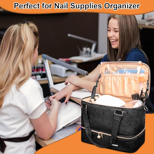 Nail Polish Organizer Bag Holds Nail Lamp& 50 Bottles (15ml/0.5fl.oz), PU Leather Nail Supplies Organizer Case with Shoulder& Holder Strap, Travel Nail Kit Storage for Manicure Tools (Black)