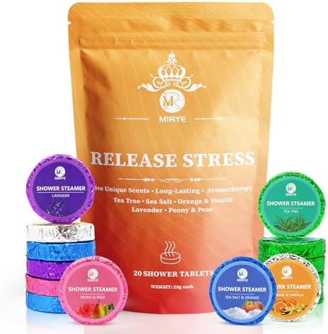 Shower Steamers Aromatherapy for Women and Men, 20-Pack Organic Shower Bombs with Essential Oil, Tea Tree, Orange & Vanilla, Sea Salt, Lavender, Peony & Pear Bath Tablets