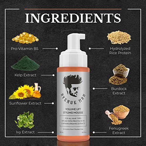 Avenue Man Volume Lift Mousse (5.07 oz) - Styling Hair Products for Men - Firm Hold Foam with Herbal Extracts for All Hair Types - Alcohol & Paraben Free