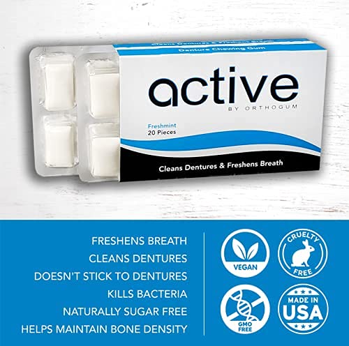 Active Denture Chewing Gum – Sugar-Free, Xylitol Chewing Gum for Dentures & Tooth Implants – No Stick – Freshens Breath – Gum for Dental Health – 2-Pack, 40 pcs