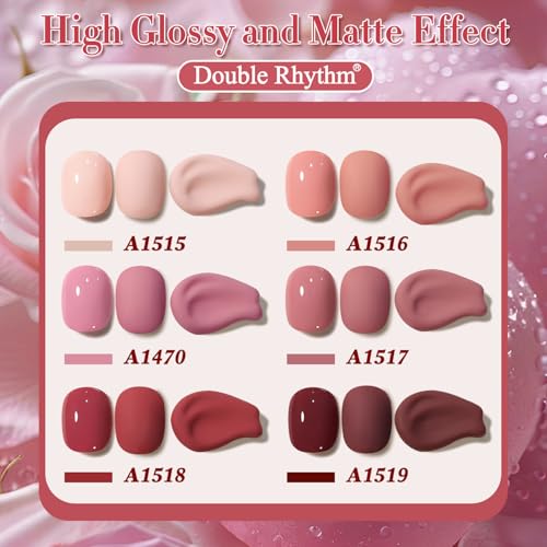 Double Rhythm 6 Pcs 15 ML Gel Polish Set Same Color Same Bottle Soak Off Gel Polish Kit Nail Art Manicure Salon DIY at Home for Women (Burgundy Red Nude Pink Purple Beige-T6-3)