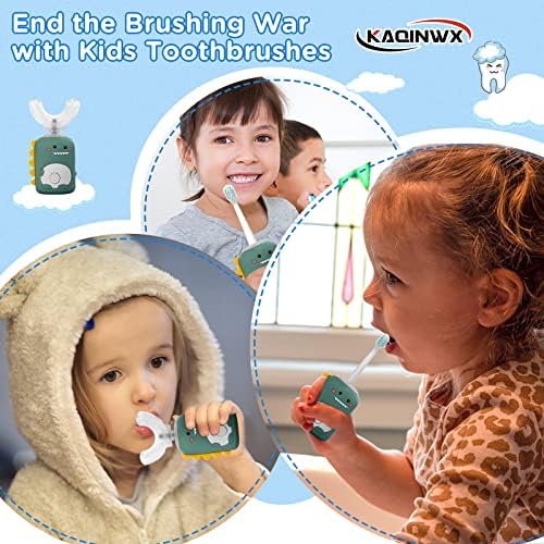 Kids U Shaped Electric Toothbrush for Age 2-12, Rechargeable Toddler Toothbrush with Smart Timer & 3 Clean Modes, Dinosaur Design, IPX7 Waterproof, 3 Brush Heads & 360°Cleaning