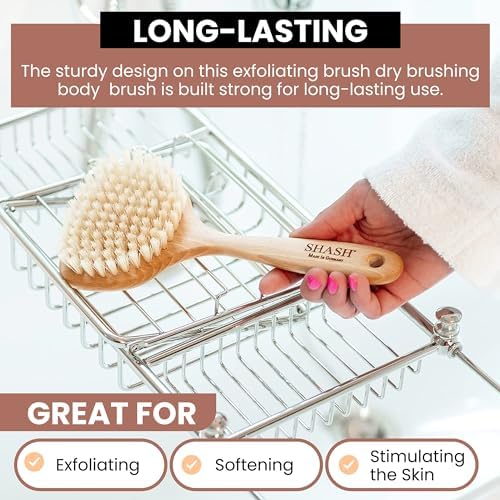 Since 1869 Hand Made in Germany - Smooth 100% Boar Bristle Body Brush, Gently Exfoliates Skin for a Softer, Smoother Complexion, Dry Brush Body Scrubber Promotes Circulation for a Healthy Glow