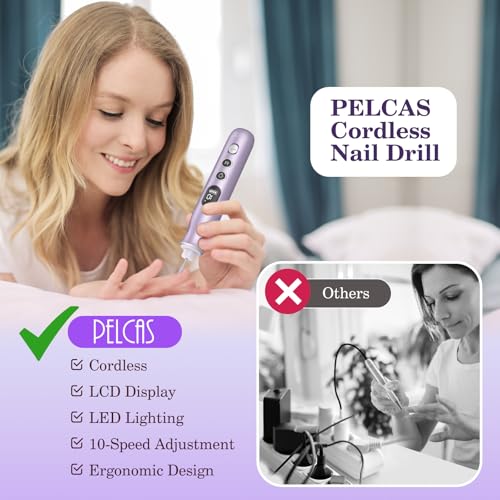 PELCAS Electric Nail Drills, 10 Speeds Cordless Nail File with LED Light, Portable Manicure & Pedicure Kit, Nail Grinder with LCD Screen for Human, Pet, Thick Toenails, Natural & Acrylic Nails Purple