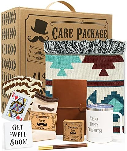 Get Well Soon Gift Basket Men | Care Package For Men | Includes Soft Blanket, Insulated Mug, Journal, Pen, Soap, and Cozy Socks | Packaged In a Vintage Gift Box
