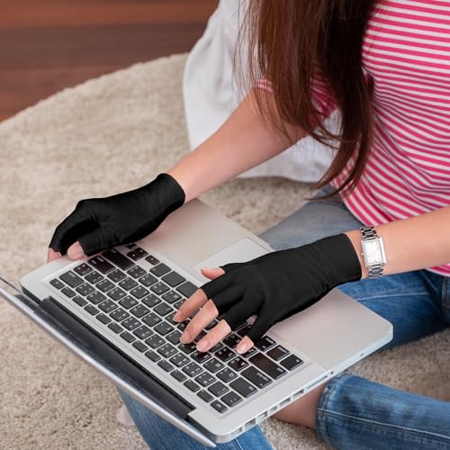 Geyoga 6 Pairs Fingerless Moisturizing Gloves Eczema Cotton Gloves for Adults Half Finger Touchscreen Lotion Overnight Dry Hands for Women Sleeping(Black)