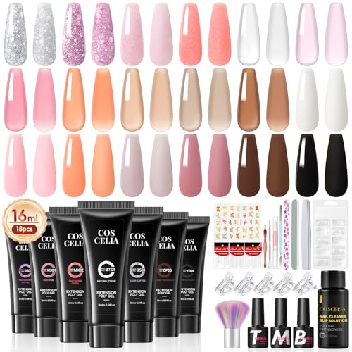 COSCELIA Poly Nail Gel Kit Starter Kit 18pcs 16ML Poly Nail Extension Gel without Lamp for Beginners with Everything Nail Thickening Solutions Matte Top Coat Summer Colors DIY Gifts for Women