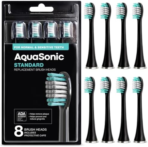 AquaSonic Standard Replacement Brush Heads | ADA Accepted | for Normal & Sensitive Teeth | Compatible with Many AquaSonic Toothbrush Handles (8 Pack Black)