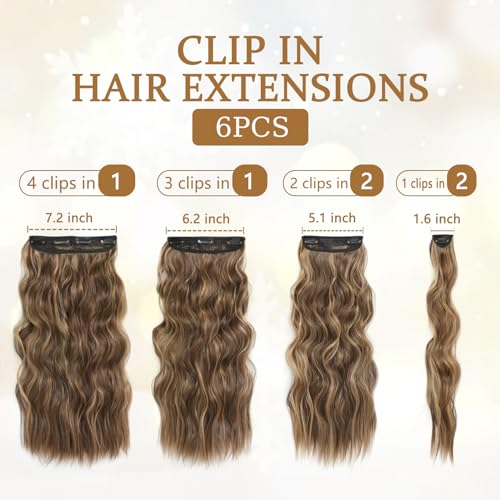 Clip in Hair Extensions for Women, 6PCS Long Wavy Curly Clip on Hair Extensions 20 Inch Honey Blonde Mixed Light Brown Synthetic Hairpieces
