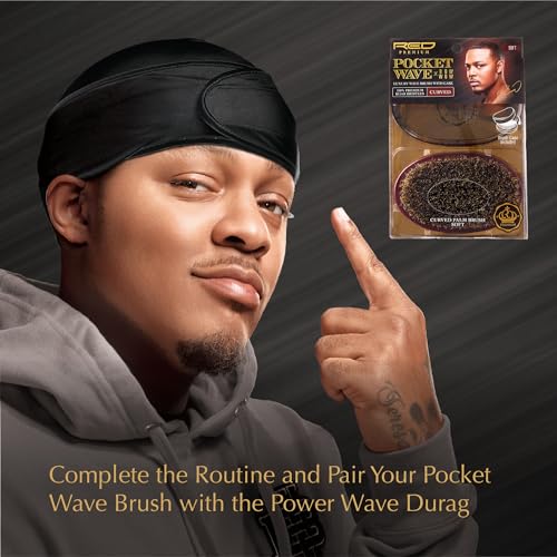 Red by Kiss Premium Pocket Wave Bow Wow Curved Palm Brush Soft, High Density Curved Bristles for Deep Natural 360 Waves, Pocket Size with Travel Cover for Coarse Hair & Wolfing Stage