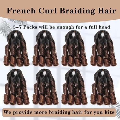 French Curl Braiding Hair 12Inch 8Packs French Curl Crochet Braids Short Curly Crochet Hair Skin-friendly Bouncy Synthetic knotless Braiding Extensions(1B/33/30, 12inch)