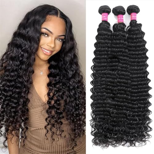Deep Wave Human Hair Bundles - 20/22/24 Inch Deep Curly Brazilian Virgin Wet & Wavy Bundles - 3 Pack 12A Human Hair Extensions