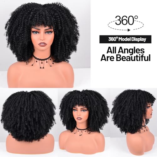 Afro Curly Wig with Bangs 12 Inches Synthetic Afro Wig for Women about 280g/Pcs Heat Resistant Black Short Kinky Curly Wigs for Daily Party