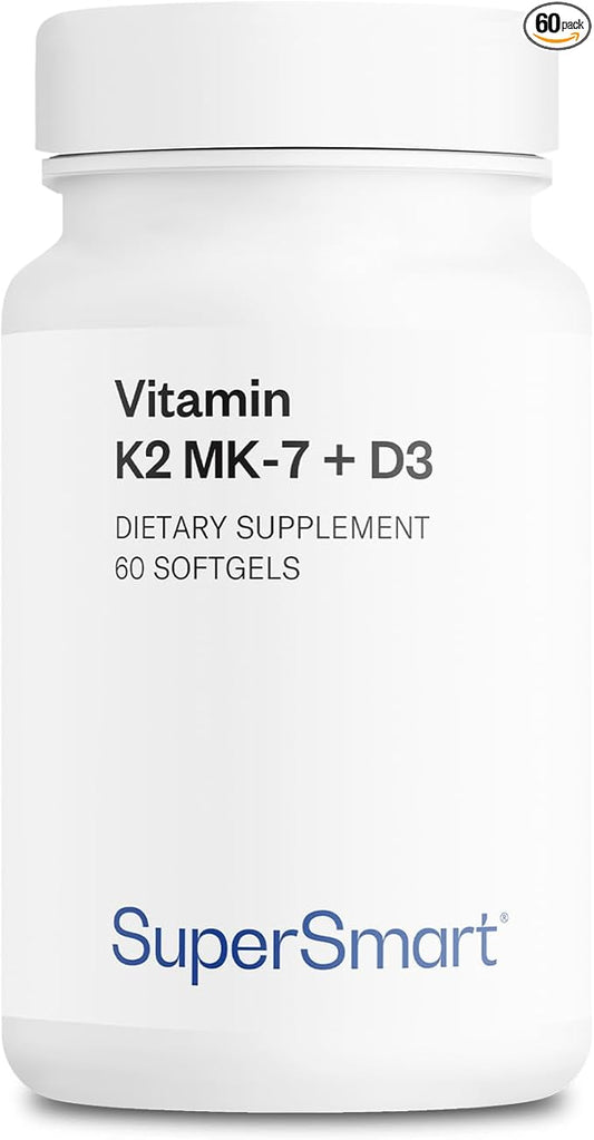 Supersmart - Vitamin K2 MK7 + D3 (Menaquinone 7) 90 mcg per Day - Bones & Heart Health Supplement - Immune Support | Non-GMO & Gluten Free - 60 Softgels