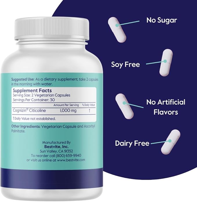 BESTVITE Cognizin 500mg (60 Vegetarian Capsules) - Clinically Studied Premium Choline Nootropic - No Stearates - Vegan - Non GMO - Gluten Free - Citicoline - Brain Supplements for Memory and Focus