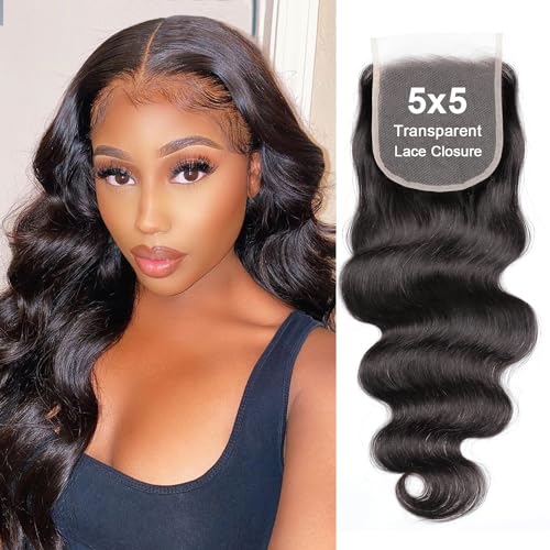 5x5 Transparent HD Lace Closure Body Wave Human Hair Closure Invisible Ultra-thin 5x5 Lace Closure Brazilian Raw Virgin Human Hair Pre Plucked Natural Black 16 Inch