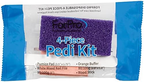 ForPro 4-Piece Pedi Kit, 200-Count, Individually-Packed Pedicure Set, Purple Pumice Pad, White Wood Nail File 80/100 Grit, Orange Mini Buffer 80/100 Grit, Wood Stick