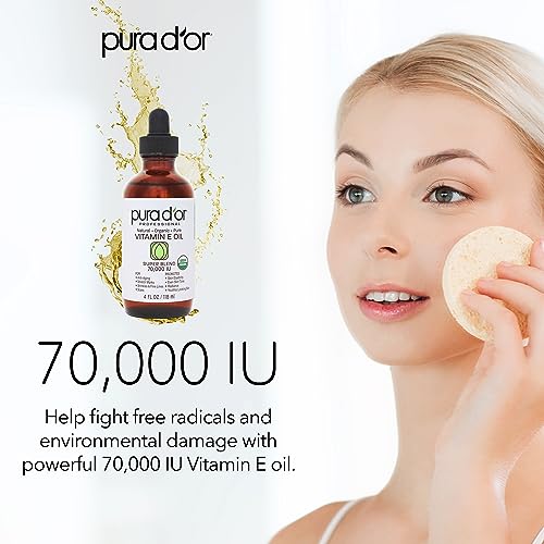PURA D'OR 4 Oz Vitamin E Oil Blend 70,000 IU & Rosehip Seed Oil Hair Relaxer 100% Pure Cold Pressed USDA Certified All Natural Moisturizer For Anti-Aging, Acne Scar Treatment, Gua Sha Massage