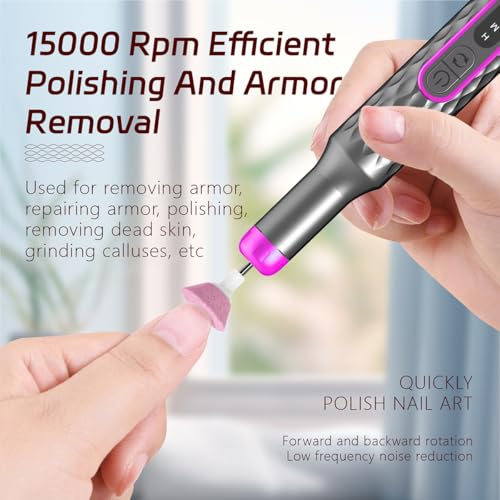 Nail Drill,Adjustable 15000 RPM Portable Cordless Professional Electric Nail Polish Machine with Nail Clippers,Bits Kit,Manicure Pedicure Polishing Shape Tools for Manicure Salon (Grey)