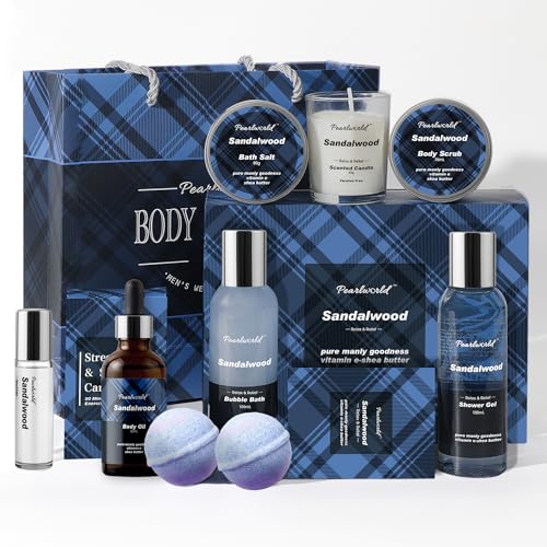 PEARLWORLD Bath Set with Ocean Scented Spa Gifts for Men, Christmas Birthday Self Skin Care Set for Men, Spa Gift Baskets for Him, 12Pcs Men's Spa Kit Gifts for Bath Spa