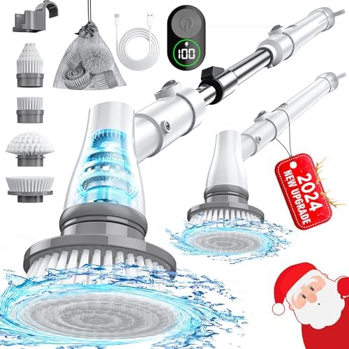 Electric Spin Scrubber with Battery Power Display, Fast-Charging Cordless Shower Scrubber with Long Handle, 4 Replaceable Brush Head, 1.5H & 2 Speeds Electric Scrubber (White)