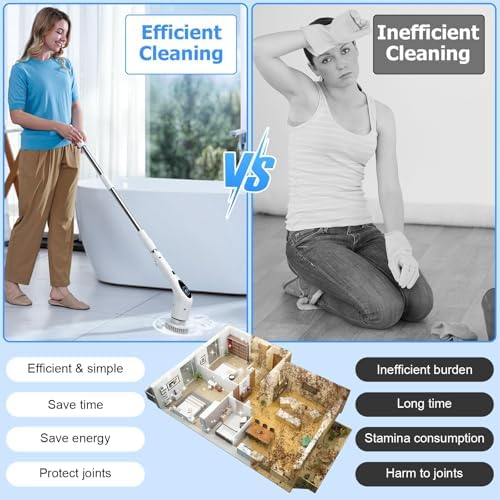 Electric Spin Scrubber, Cordless 3 Speeds Cleaning Brush 430 RPM, Adjustable/Detachable Long Handle, Shower Scrubber for Bathroom, Car, Floor, Shower Cleaning Brush with 9 Replaceable Brushes