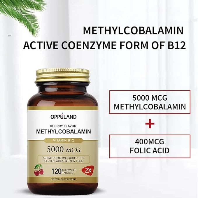 Methyl B-12 5000mcg Chewable with Folate - Vitamin B12 Methylcobalamin Sublingual Tablets - Supports Energy & Brain Function - Vegan Supplement - Cherry Flavor - 120 Count