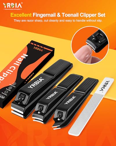 Nail Clippers with Glass Nail File, YRBIA Ultra Sharp Nail Clipper Set, Professional Stainless Steel Fingernail & Toenail Clippers Nail Cutter Set for Men & Women Black