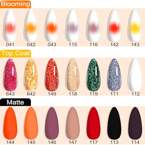 Lavender Violets 26 PCS Blooming Gel Nail Polish Set, 21 Colors Marble Flower Watercolor Solid Glitter Red Brown Green Black with Base Coat Glossy and Matte Top Coat Liner Brush Pen C406