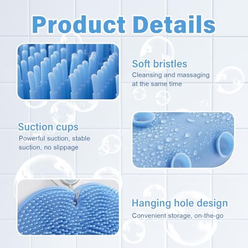Silicone Shower Foot Scrubber Mat, 2025 New Shower Foot Scrubber Mat with Non-Slip Suction Cups，Foot Back Cleaning Pad Back Washer Exfoliating Bath Wash Pad (Blue)