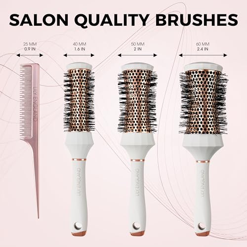 Lily England Round Hair Brush Set, 4 Piece Professional Blow Dry Kit with 3 Round Brushes and Comb for Styling, Beauty Gifts Sets for Women (White)