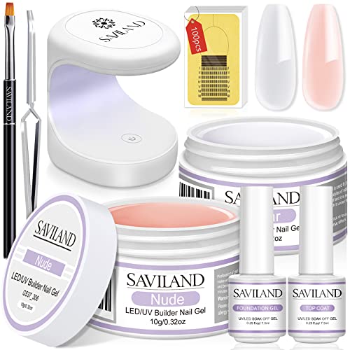SAVILAND Builder Nail Gel Set - 2 Basic Colors Nail Extension Kit with Foundation Gel Top Gels LED Lamp Brush 100 Pcs Nails Forms at Home Salon