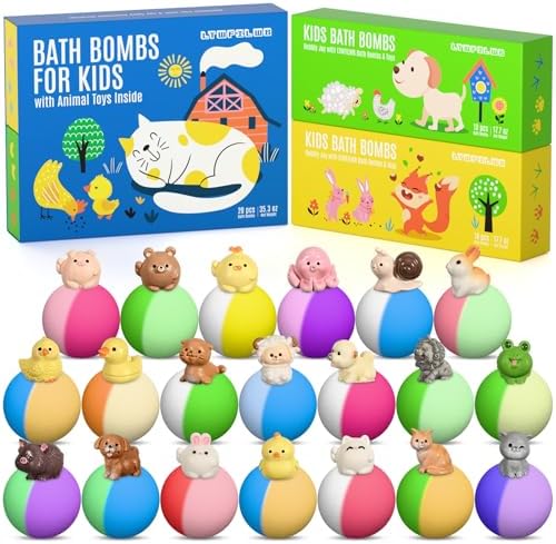 Bath Bombs for Kids with Toys Inside, 20 Kids Bath Bombs with Animal Toys Inside, Skin-Friendly, Non Toxic, Handmade Organic Natural Bubble Bath Fizzies, Birthday Gifts for Girls Boys
