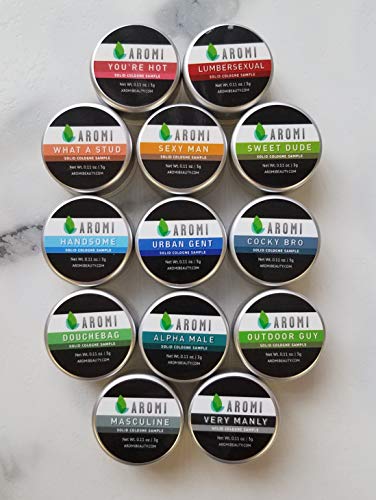 Aromi Handmade Men's Solid Cologne Set with 13 Samples, Long Lasting Vegan Fragrance for Day, Night, Wax Perfume, Gift, Travel,