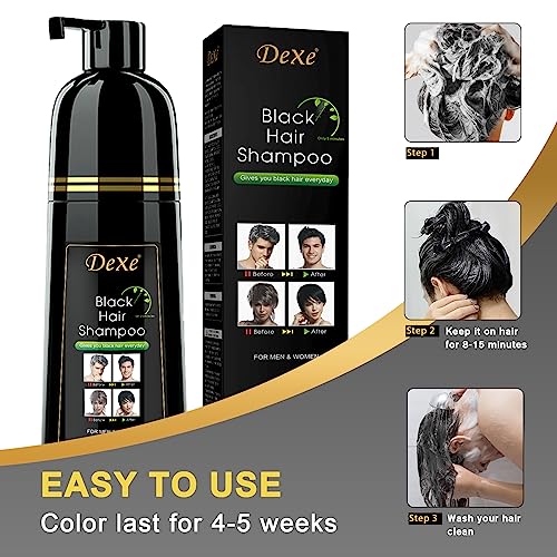DEXE Black Hair Dye Shampoo for Gray Hair Coverage,Hair Color Shampoo for Men/Women,3 in 1-100% Grey Cover,Permanent Hair Shampoo,Herbal Ingredients and Ammonia Free,400ML(14 Fl oz)
