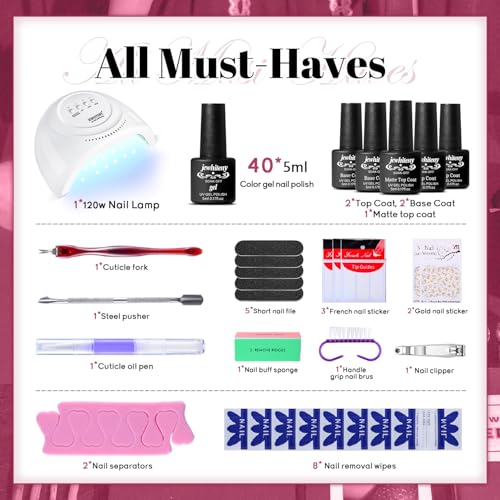 JEWHITENY 45PCS Gel Nail Polish Kit with U V Light LED Nail Lamp 40 Colors Set Manicure Tools All-In-One Nail Gel Kit