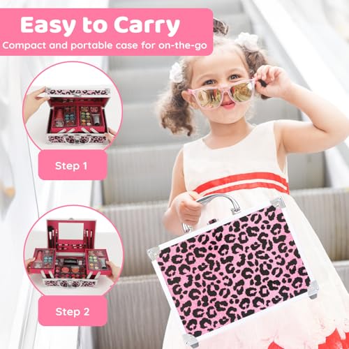 Anpro All-In-One Leopord Double Folding Makeup Carry Case with Pro Teen Makeup Set, Full Starter Kit with Makeup Brushes, Lipsticks, Eyeshadow Palette, Blushes, Glitter Gel, Ideal Present for Girls