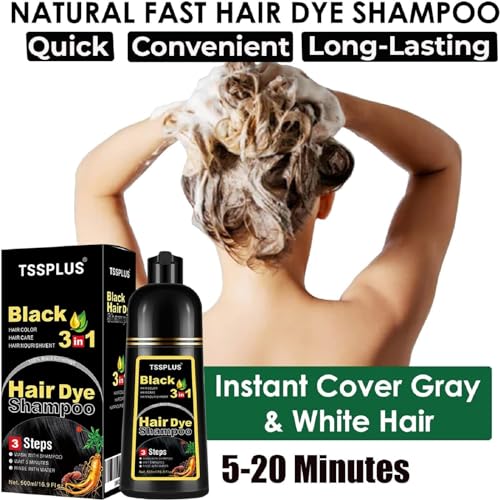 TSSPLUS Black Hair Dye Shampoo, 500ml - Organic Natural Hair Color Dye Shampoo for Women & Men, Instant Gray White Hair Cover, Plant Essence, Semi-Permanent