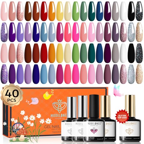 modelones 40 PCS Gel Nail Polish Set, 36 Colors Summer White Yellow Green Hot Pink Gel Polish Kit Nude Brown Black Red Glitter Nail Polish W Base& Matte& Glitter& Glossy Top Coat LED Soapnails Gift