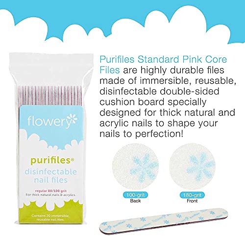 Flowery Purifiles Standard Pink Core Disinfectable Nail Files, 80/100 Grit, 20 per Pack