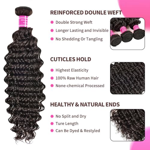 Deep Wave Human Hair Brazilian Bundles - 3 Bundles, 22-26 Inch, 100% Unprocessed Virgin Hair, Curly Waves, Double Weft, Wet & Wavy, for Black Women