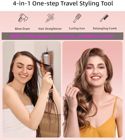 Travel Dual Voltage Hair Dryer Brush, Small Hot Air Brush for European Travel, Compact 2 Inch One Step Blowout and Volumizer Hair Blow Dryer with Oval Design, Rose Gold